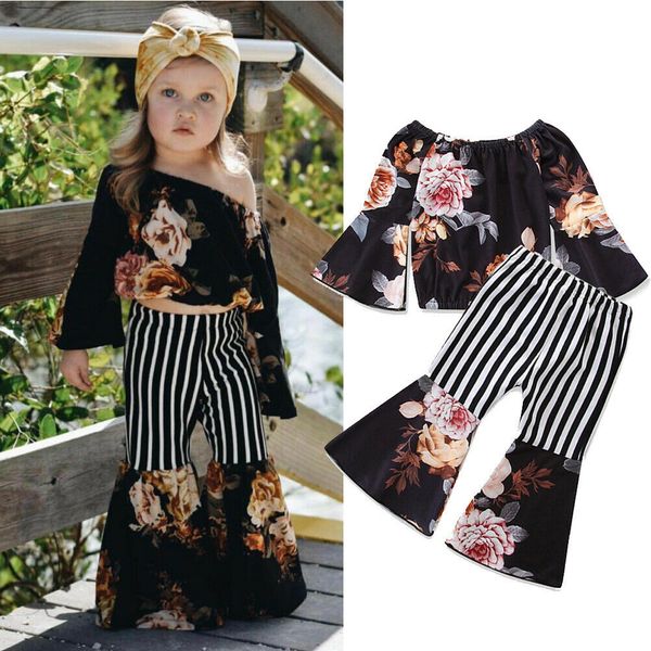 

fashion kid baby girl clothes sets 1-6y flare sleeve off shoulder flower striped bell-bottoms pant, White