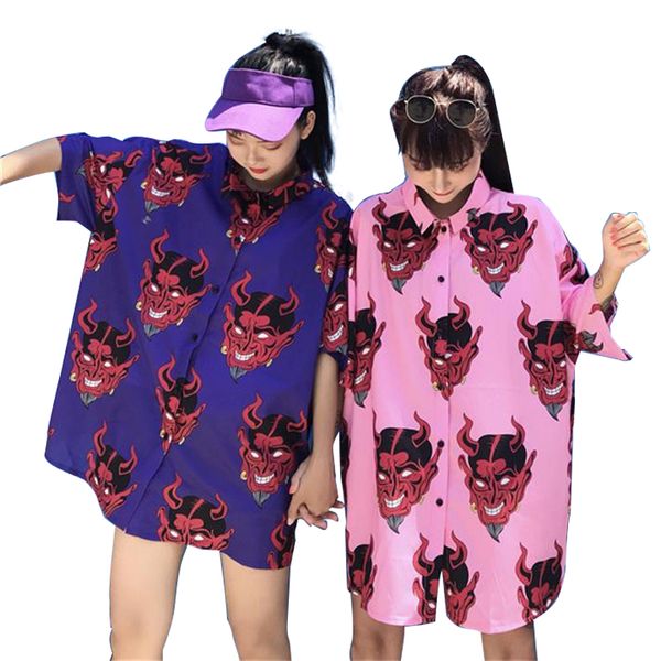 

women's blouses & shirts fashion women shirt japanese harajuku devil printed short sleeve loose summer blouse streetwear casual unisex, White