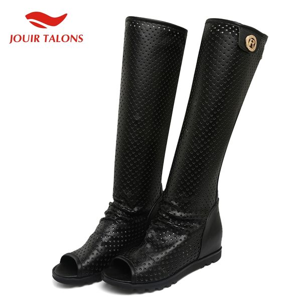 

fashion hollow gladiator peep toe knee high boots woman leisure height increasing summer boots woman women's shoes, Black