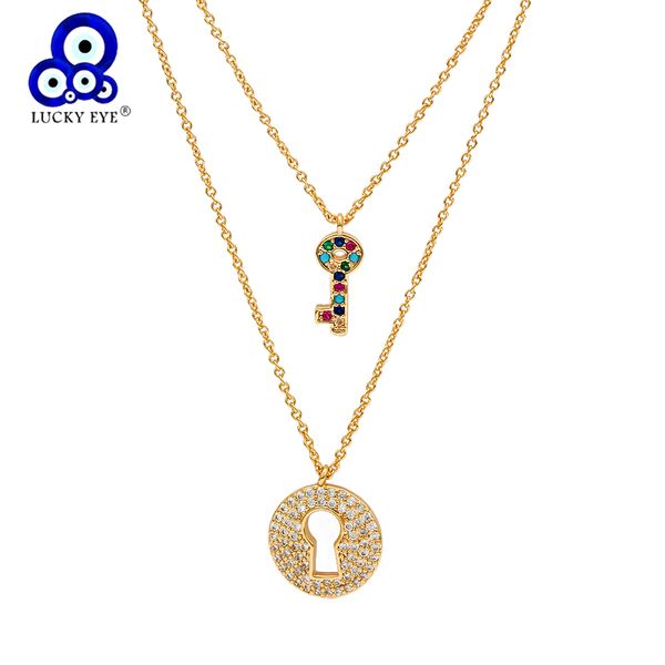 

lucky eye colorful zircon key lock necklace gold color long layered chain pendant necklace fashion jewelry for women men ey6714, Silver