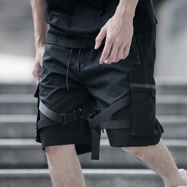 

januarysnow men hip hop short joggers streetwear harajuku shorts pockets ribbon summer black tatical military baggy short