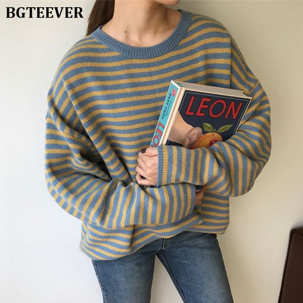

bgteever striped knitted women pullover sweater full sleeve female autumn winter sweater o-neck casual loose ladies jumper 2019, White;black