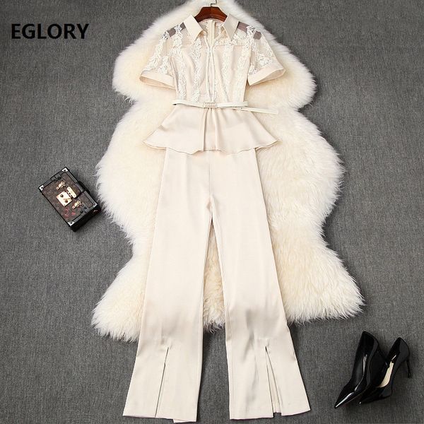 

new fashion work suit women turn-down collar lace patchwork short sleeve belt shirt+split full length pant sets, White
