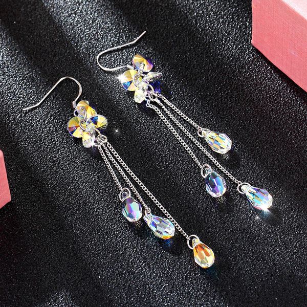 

boho crystal female rainbow earrings silver color drop tassel earrings crystal long dangle earrings for women