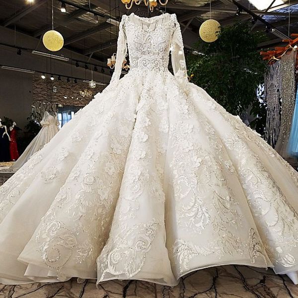 

бальное платье роскошные свадебные платья o-образным вырезом с длинными рукавами кружева слоновой кости и шампанского свадебные платья реаль, White