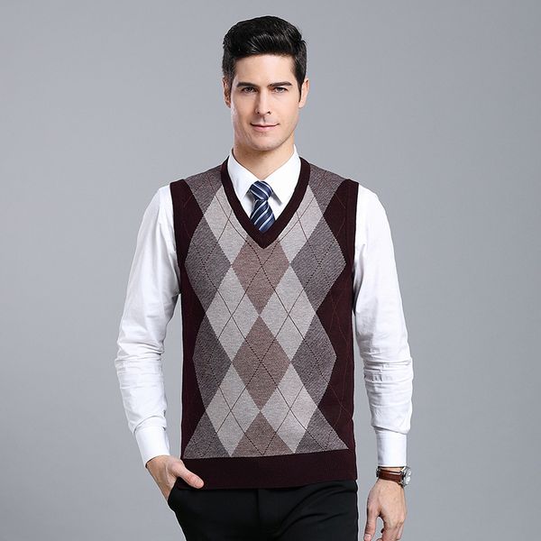 

winter men's slim fit sleeveless cashmere knitting pullover casual sweater vest v-neck argyle sweater, Black;white