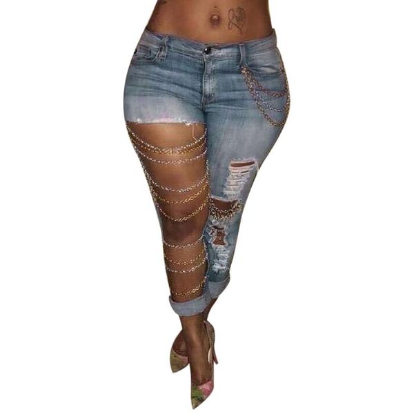 

fashion bold design women slim denim ripped chain big hole trousers pencil pants showing long slender legs skinny jeans yl5, Blue