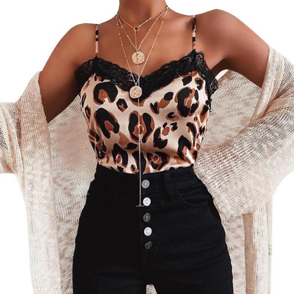 

2020 women v-neck leopard print suspenders vest lace patchwork cami tank lady sleeveless @6, White