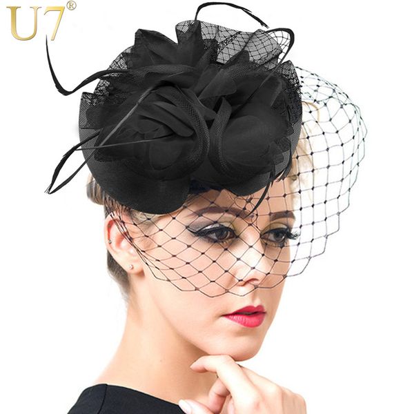 

u7 hair accessories women jewelry european style veil feather fascinator black cocktail party wedding hat bride headwear f302, Golden;white