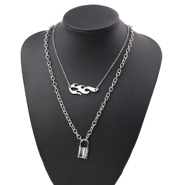

harajuku charm double-deck hiphop flame atronach lock pendant necklace male female chokers street dance chain cool punk jewelry, Silver