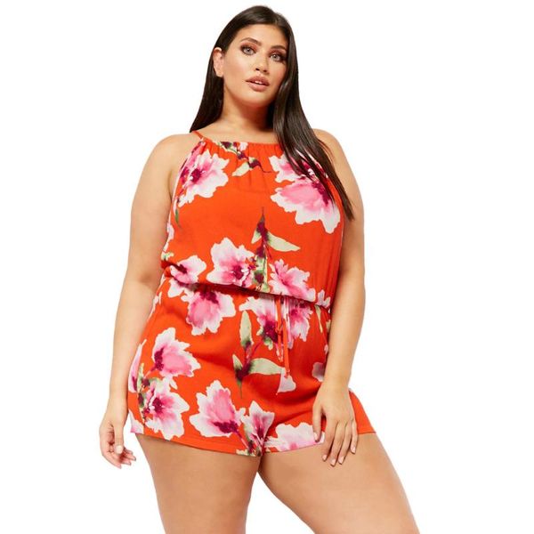 

sagace playsuits polyester loose summer beach women's plus size casual o-neck bohemian printed sling sleeveless jumpsuit 2, Black;white