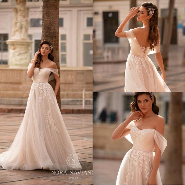 

2020 nora naviano beach wedding dresses lace appliques off shoulder bridal gowns plus size backless wedding gown robe de mariÃ©e custom, White