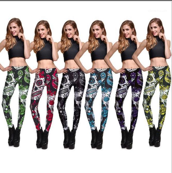 

skull&flower black legging digital print trousers 7 color woman stretch pants plus size skull leggings women's, Black;white
