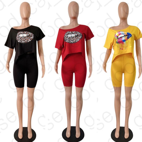 

women tracksuit rainbow lips print summer sports casual two piece outfits off shoulder short sleeve t-shirt + shorts e3903, Gray