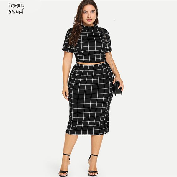 

плюс размер summer piece женщины набор mock short с коротким рукавом plaid crop топ и юбка установить два 2 шт эпикировка, White