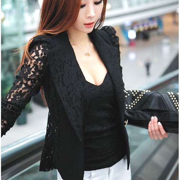 

women coats single button lace open front blazer short casual jacket blouse slim formal autumn spring, White;black