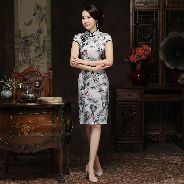 

mandarin collar knee length dress chinese traditional style cheongsam elegant women' s handmade button dress size -xxxl, Red