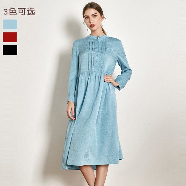 

silk dress female temperament of the new spring 2020 pure color blockbuster long-sleeved grew up in mulberry silk, Black;gray