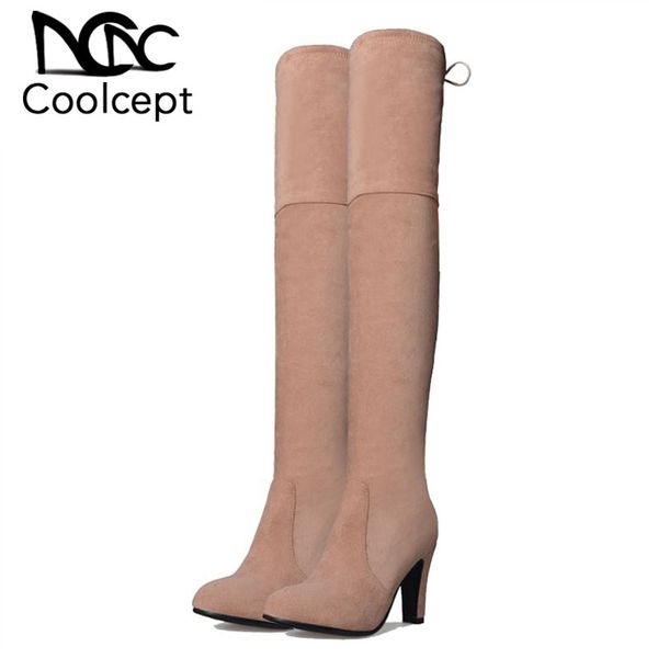 

coolcept size 31-45 women over the knee boots high heel woman shoes fur winter knee boots fashion sweet warm woman long, Black