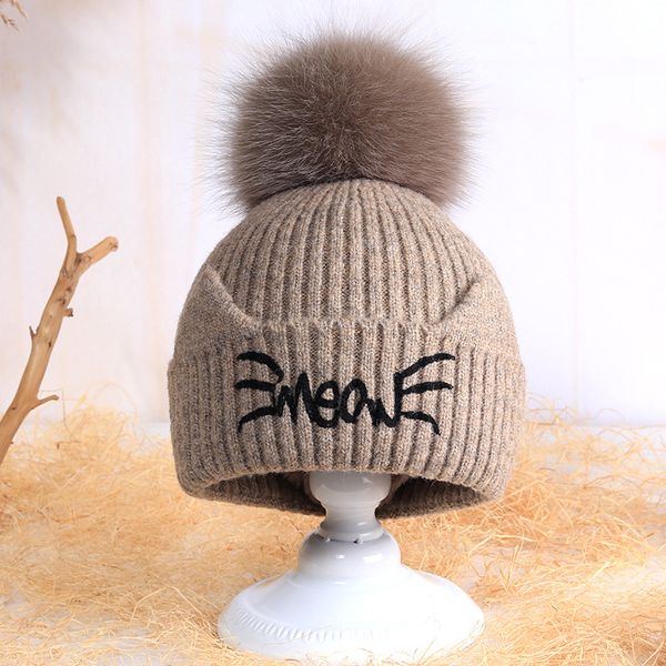 

women hat real fur 15cm pom poms ball winter sweet cute embroidery keep warm winter hat for women girl 's wool knitt, Blue;gray