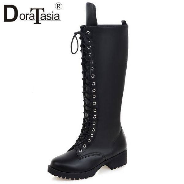 

doratasia big size 34-43 elegant cross tied mid-calf boots women 2019 med heels knight boots ladies casual platform shoes woman, Black