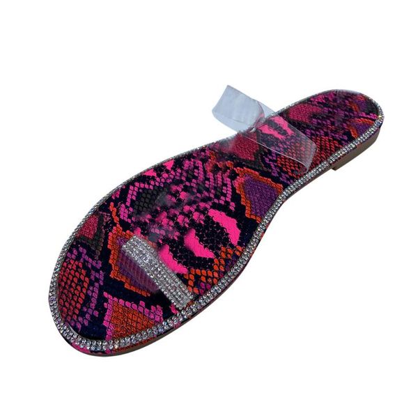 

2020 summer flat women sandals handmade rhinestones snake print pink slippers rainbow beach shoes simple open toe women shoes, Black