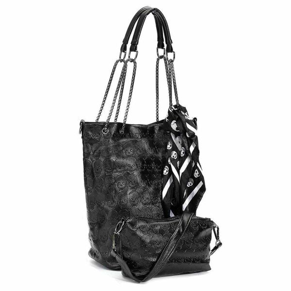 

fggs-2 pcs/set fashion skull women handbag shoulder bag tote purse leather crossbody bag with silk female black handbags