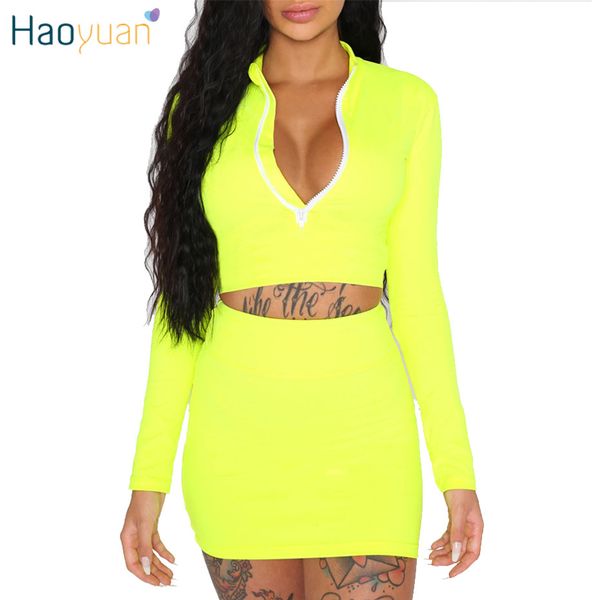 

haoyuan neon green pink two piece set women long sleeve crop and mini skirt suit club outfits 2 piece matching sets, White