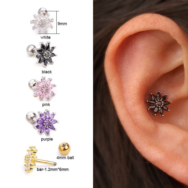 2019 Feelgood White Black Pink Purple Flower Cz Cartilage Earring Helix Piercing Tragus Rook Conch Earlobe Stud Ear Piercing Jewelry From