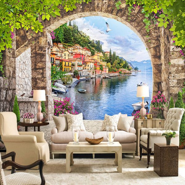 

european style 3d stereoscopic arch small town street view living room tv background p wallpaper cafe restaurant decor mural
