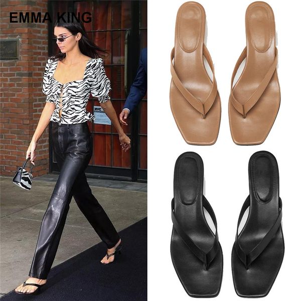 

emma king square toe low heel sandals leather look pinch slipper chic style flip flops ladies outside holiday slipper, Black