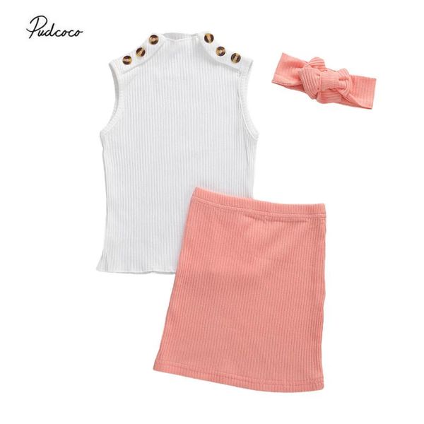

2020 fashion summer 3pcs toddler baby girl clothes button sleeveless white t-shirt pink skirt dress headband kids outfits