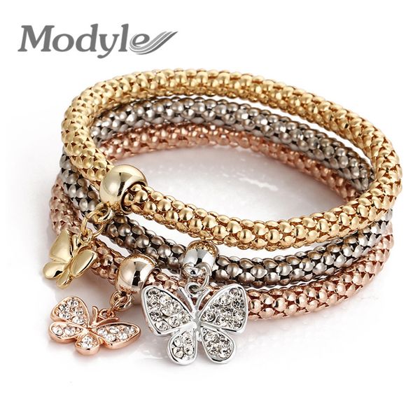 

modyle vintage austrian rhinestones gold-color owl butterfly pendant charm bracelets popcorn chain jewelry for women, Black