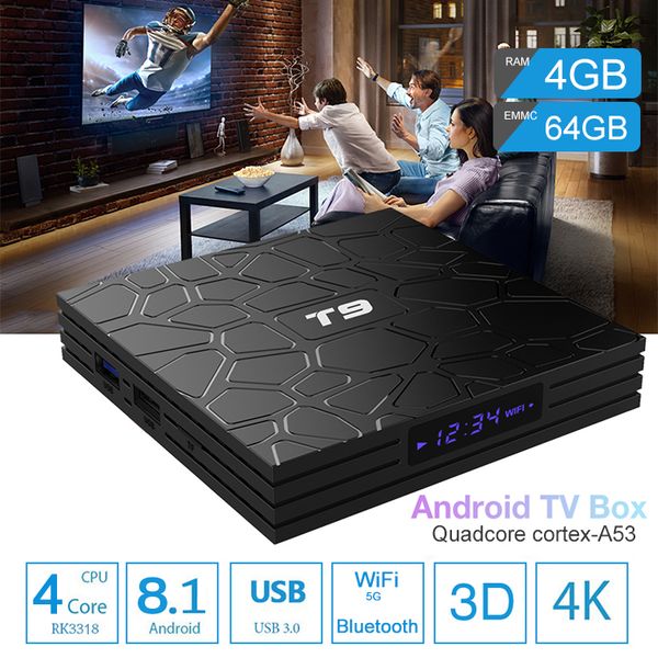 

4gb 64gb t9 android 8.1 tv box rockchip rk3318 quad core wifi h.265 4k set box media player pk h96