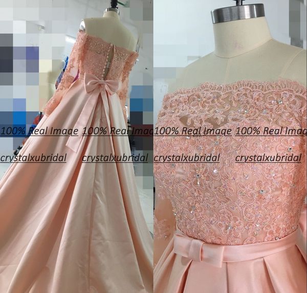 2019 nova imagem real vestidos de noite desgaste pêssego fora do ombro mangas compridas apliques de renda contas de cristal trem da varredura personalizado vestidos de festa de formatura