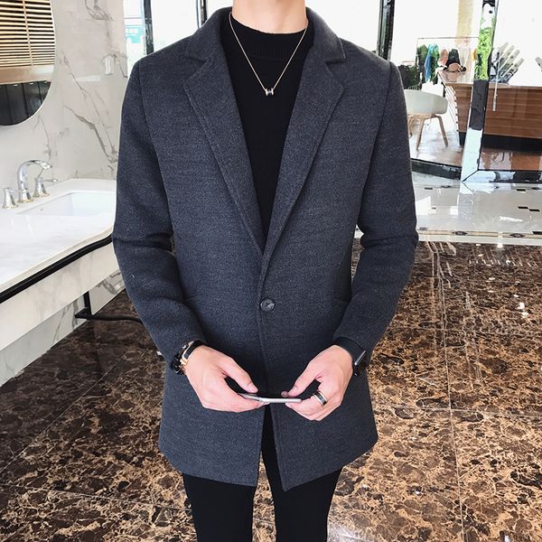 

2018 spring and autumn korean version of the slim handsome young woolen coat trend men's long solid color windbreaker jacket, Tan;black