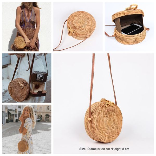 

Богемская соломенная пляжная круглая сумка из ротанга Тканая пляжная сумка CrossBody