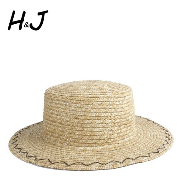 

100% wheat straw women sun hat summer beach hat lady wide brim flat boater beach gold flower sunhat jazz size 56-58cm, Blue;gray
