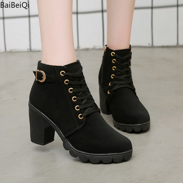 

winter casual women pumps warm ankle boots waterproof high heels women snow boots shoes botas mujer plus size 35-42, Black