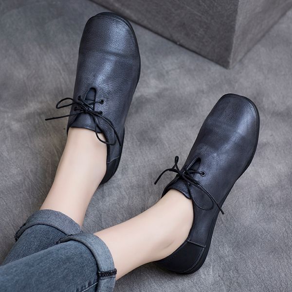 

women leather flats gray soft shoes spring for women casual genuine leather flats lace up shoes comfort, Black