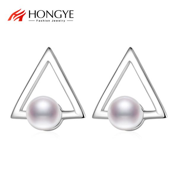 

hongye new arrival hollowing triangle 925 sterling silver imitation pearl stud earrings for women daily party, Golden;silver