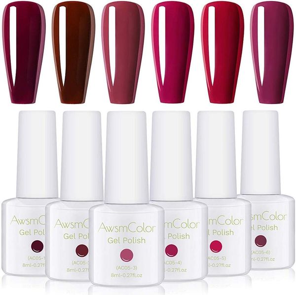 

awsmcolor gel nail polish set, red series 6 colors uv led soak off nail gel kit, burgundy ruby wine maroon raspberry color chris