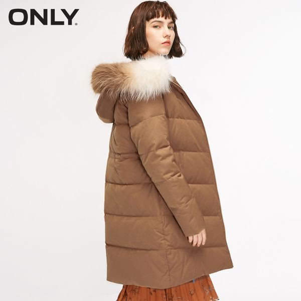 

only women's waist drawstring fur collar hooded down jacket |118312551, Black