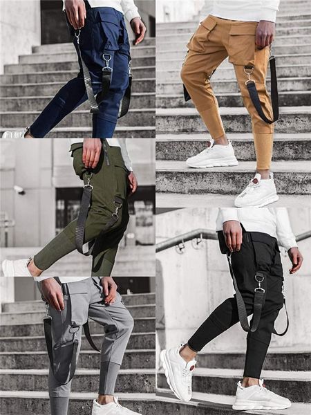 

slim solid color patchwork sports pants streetwear hip hop mens casual trousers multi pockets ribbon pencil pants mens, Black