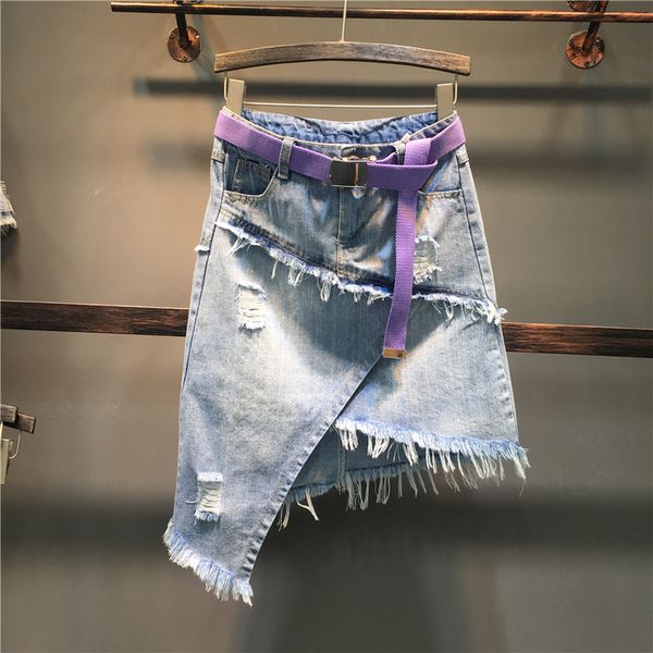 

european station summer 2019 new european fashion half-length skirt irregularly stitched jeans edge open a skirt, Black