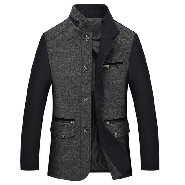 

autumn and winter new men's woolen coat business casual stand collar stitching collar design jacket overcoat, Black