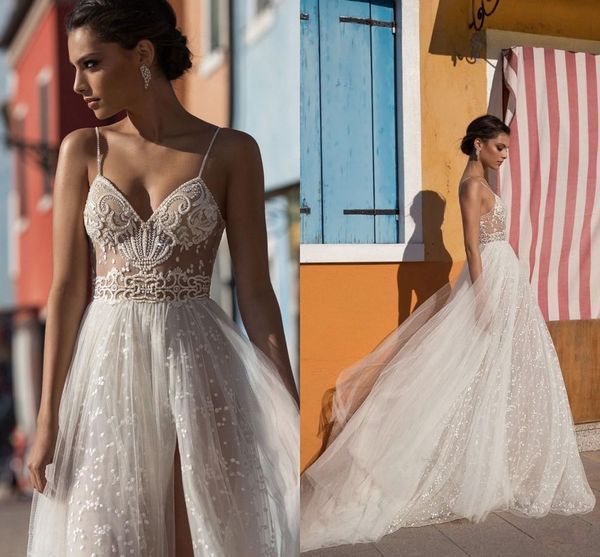 

2019 gali karten beach wedding dresses side split spaghetti illusion boho wedding gowns sweep train pearls backless bohemian bride, White