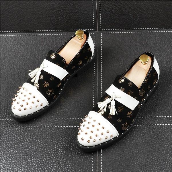 

spring rivet men loafers fashion personality solid slip on wedding leather shoe luxury designer man party footwear flats w410, Black