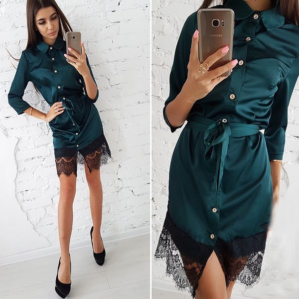 

Women 2018 Autumn Sexy Lace Patchwork Straight Dress Ladies Long Sleeve Turn-Down Collar Dress Female Sashes Women Party Dress