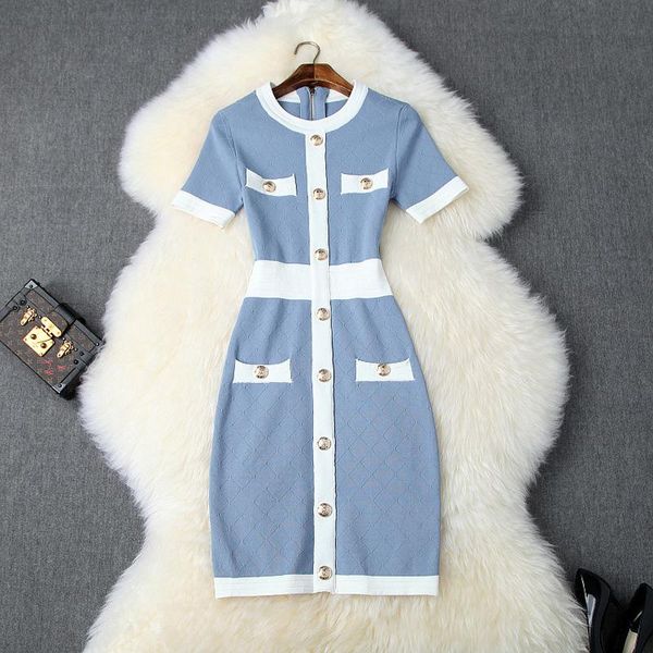 

2019 fall autumn black / blue short sleeve round neck contrast color knitted panelled buttons knee-length dress fashion dresses s1510t10122, Black;gray